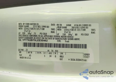 2020 Ford F-250 Xl z USA, uszkodzony, nr VIN 1FT7X2BT0LEE50462